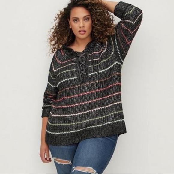 Torrid Chunky Pullover Hooded Striped Raglan Sweater - Picture 3 of 13